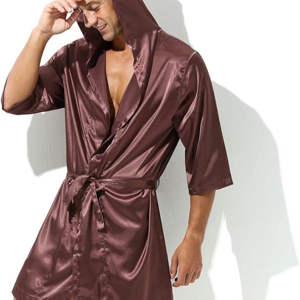 Men's Satin Hooded Robe - Brown